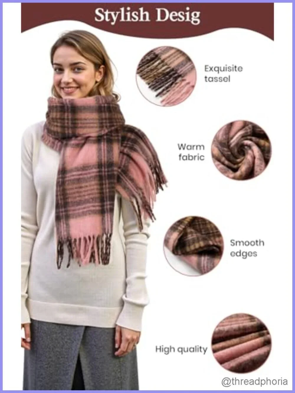 Oversized Mohair Feel Plaid Scarf Women Warm Winter Wrap Shawl